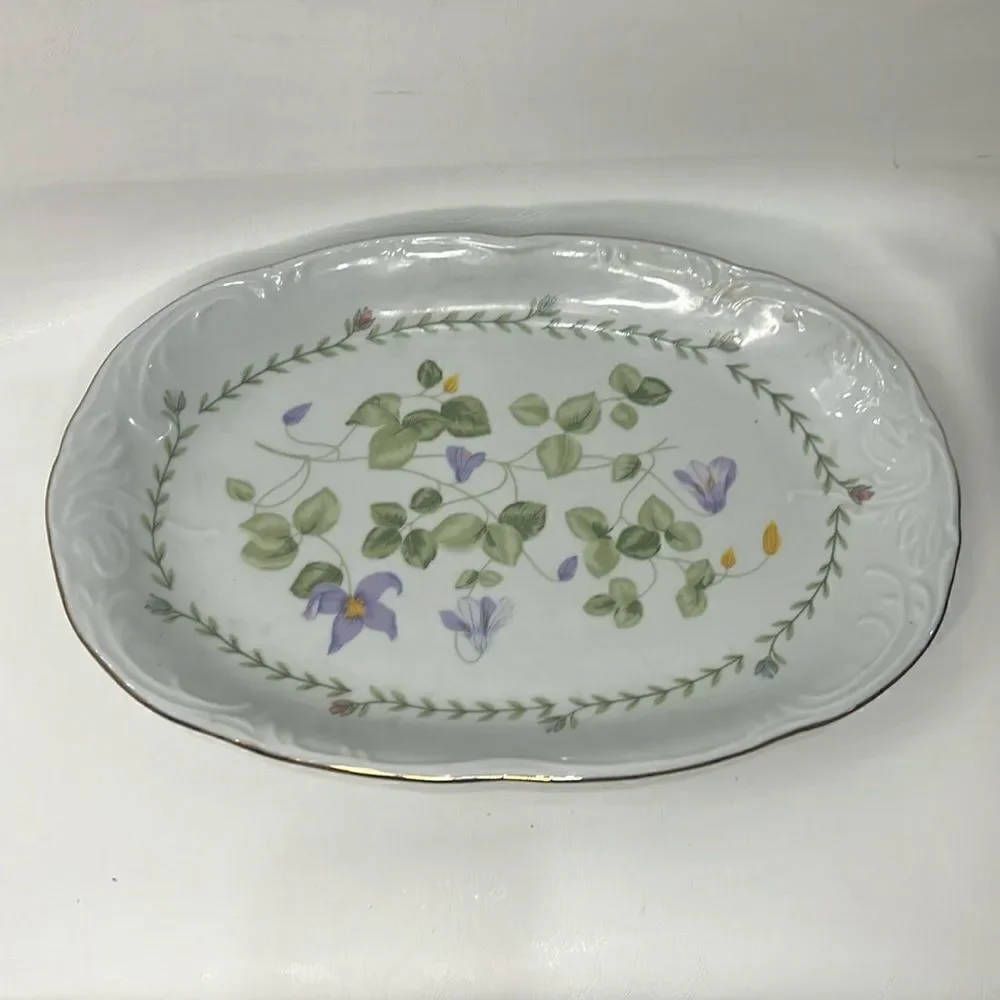 Tienshan Fine China  Serving Platter Pink Rose Purple Orchid Textured Porcelain